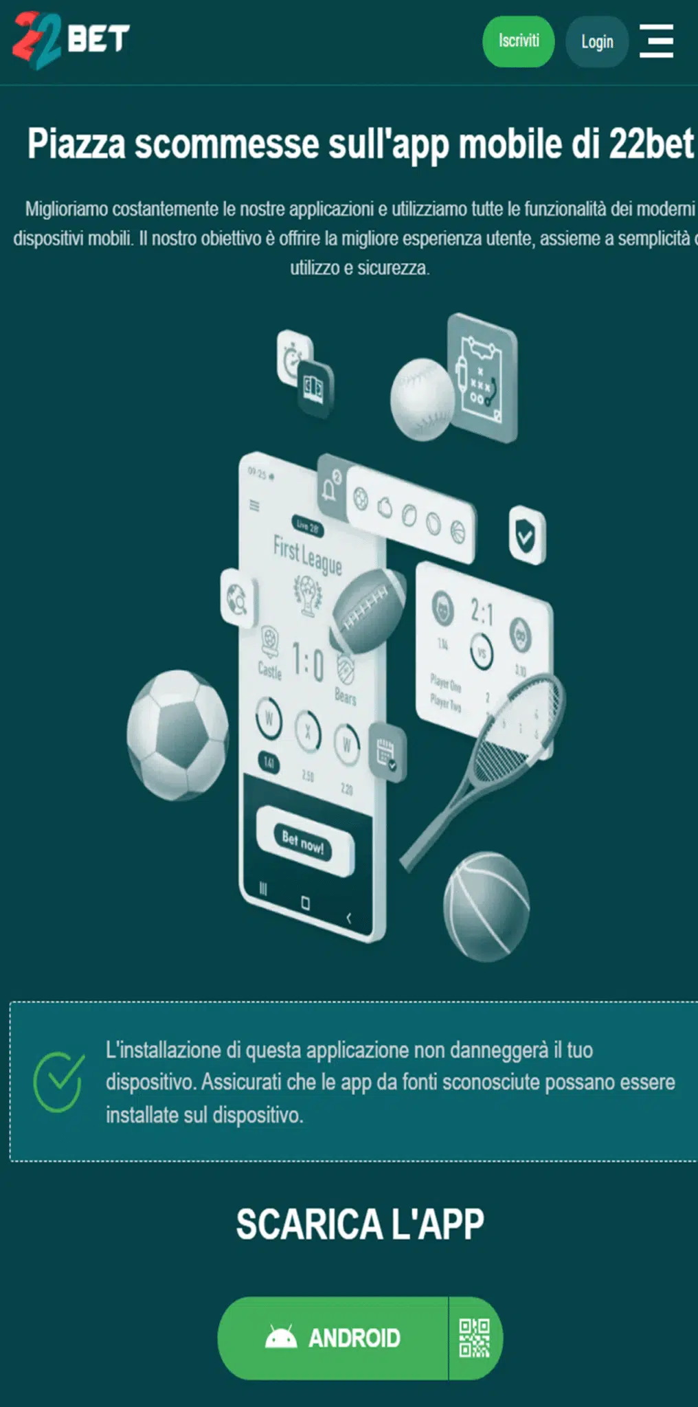 22Bet app Android pagina di download