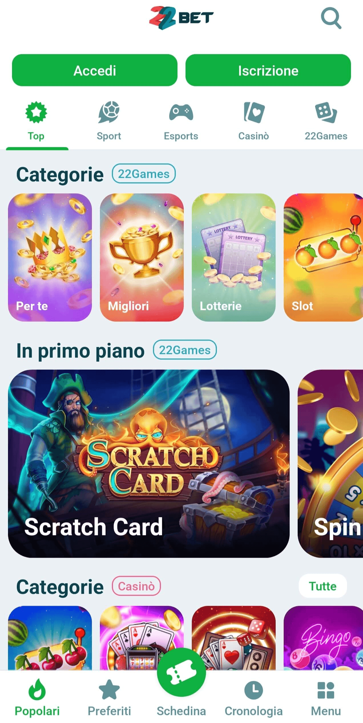 22Bet app schermata principale casinò e giochi